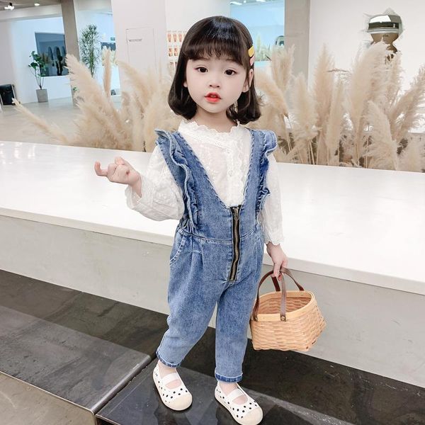 

jumpsuits denim lace kids overalls solid zipper boys and girls trousers korean spring autumn children's clothes casual pant, Blue