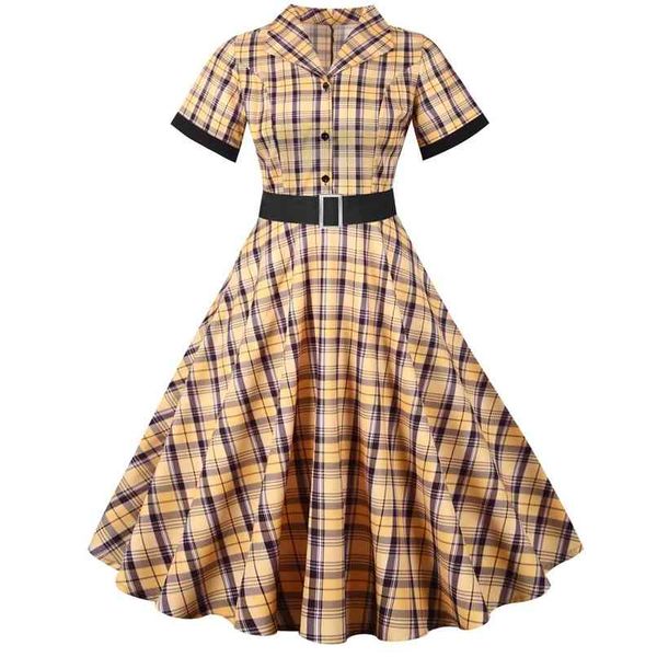 

fashion women's dress casual short-sleeved suit collar slim retro plaid print with belt womens formal es 210520, Black;gray
