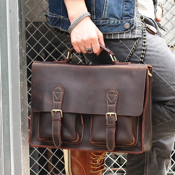 

vintage natural genuine leather men briefcase casual 14" lapbag luxury durable crazy horse men's handbag briefcases