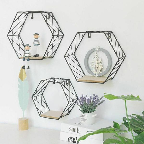 

durable easy to clean iron hexagonal grid wall shelf combination hanging geometric figure decoration home