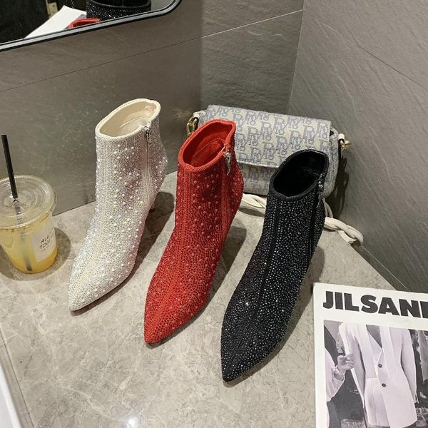 

boots women glitter crystal party pointed toe super high heels woman fashion zip mid calf ladies pumps big size shoes, Black