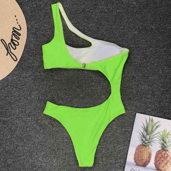 

2021 neon green shoulder cut swimwear women swimsuit female high waist monokini bather leopard bathing suiting