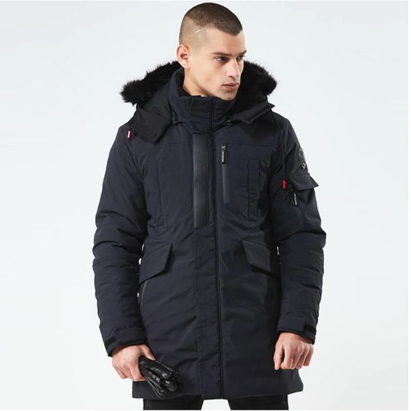 

winter warm coat mens windbreaker fur hooded thicken jacket mens military trench coats medium long parka jaqueta masculina, Black