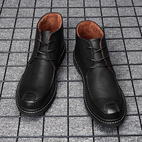 

boots 2021 autumn and winter men's casual warm shoes leather plush / single lace ankle classic black flat large1