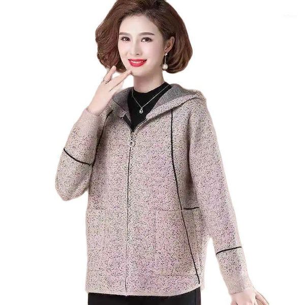 

women's wool & blends middle-aged mother spring autumn ladies jacket 2021 hooded female outerwear knitted cardigan woolen cloth coats, Black