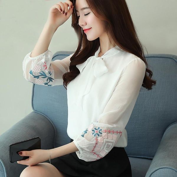 

women's blouses & shirts 2021 summer autumn women chiffon blouse sweet floral lace office mesh shirt ladies long sleeve blusas ab888, White