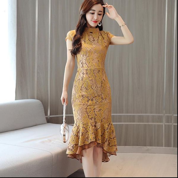 

summer women dresses temperament ladies slim slimming package hip lace fishtail dress retro solid color improved cheongsam, Black;gray