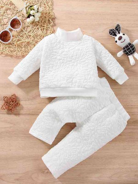 

baby textured mock neck pullover & pants she, White