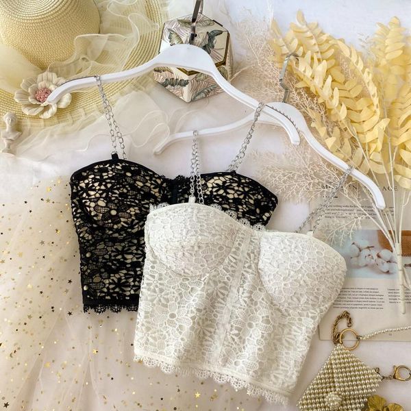 

summer lace suspenders inner outer cami for womens vests short sleeves vintage slim-fit blouses with chest pads women's tanks & ca, White