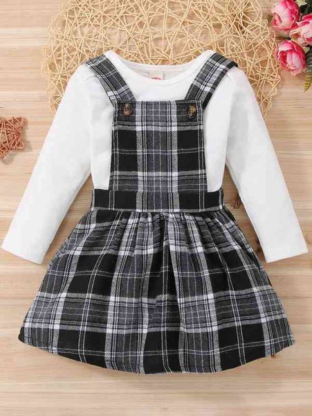 

baby solid bodysuit and plaid overall dress she, White