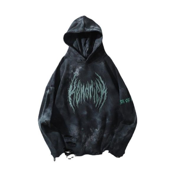 

men's hoodies & sweatshirts 2021 autumn punk graphic print hole ripped tie dye oversized men pullover cotton women hooded sweatshirt vi, Black