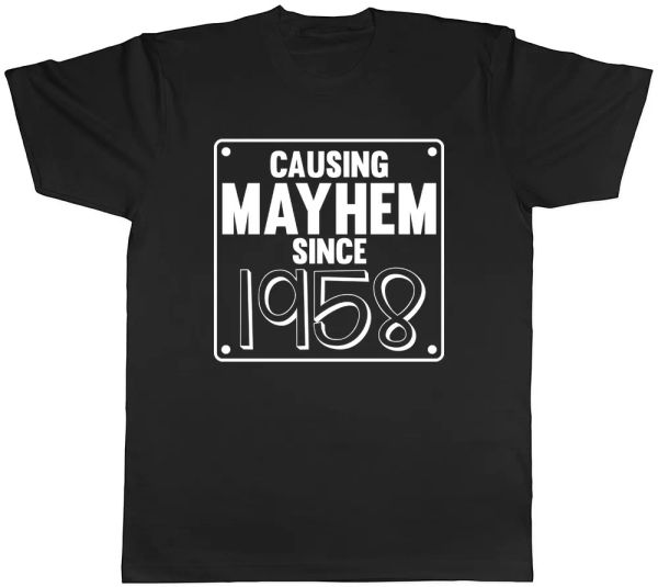 

mens causing mayhem since 1958 birthday t-shirt, White;black