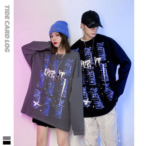 

autumn winter new round neck pullover sweater personalized graffiti printing loose male and female lovers student hip hop top, Black
