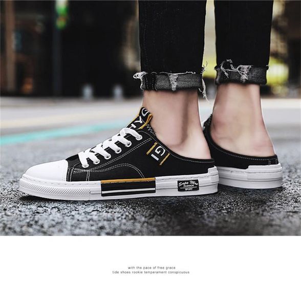 

trendy classic summer semi-slippers lazy canvas men's shoes soft comfortable and elastic easy to wear shockproof non-slip 02, Black