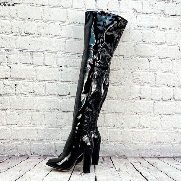 

boots olomm women winter thigh shiny side zipper block heels round toe elegant black casual shoes plus us size 5-15