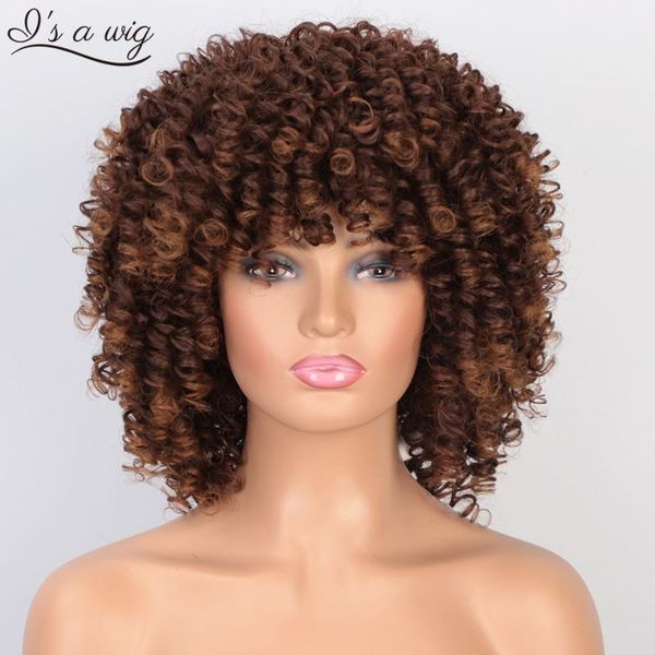 

i's a wig afro kinky curly synthetic short wigs with bangs mixed black brown for women high temperature hair1
