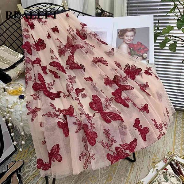 Primavera Autumn Butterfly Ricamo Tulle Donne Gonne lunghe Gonne Alta Vita alta Chic A-Line Ombrello Mesh Gonna Femmina 210428