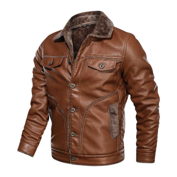 Jaqueta de couro masculina de couro falso, jaqueta grossa de couro para motocicleta, gola virada para baixo, casaco de lã, roupa de motociclista plus size