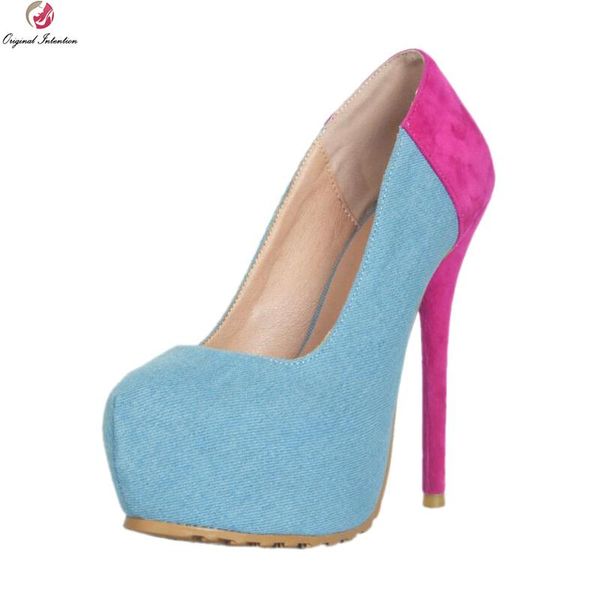 

original intention fashion women pumps stylish round toe thin high heels nice blue & fushcia shoes woman plus us size 4-15 dress, Black