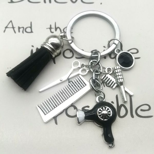 

new fashion hairstyle gift charm tassel keychain retro jewelry mini hairdressing scissors hair dryer comb keychain diy manual, Silver