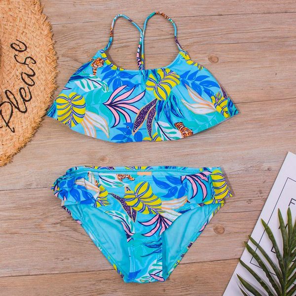 

one-pieces toddler girls kids swimsuit sling leaf printing teenage girl bikini set cute beach ruffle suit bathing suits swimwear e1, Black