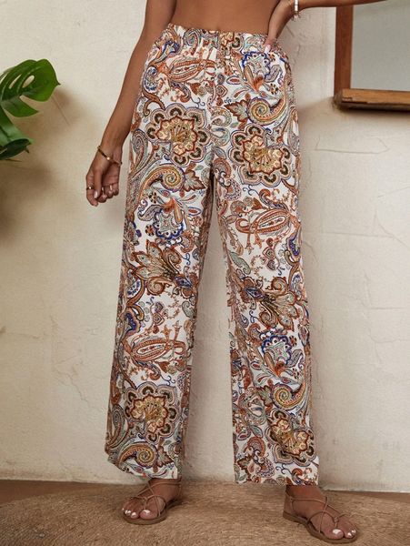 

high waist floral & paisley print wide leg pants m09o#, Black;white