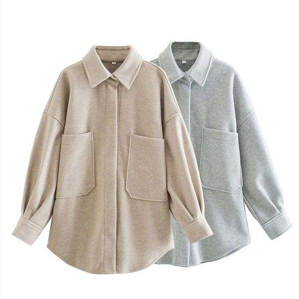 

women's wool & blends autumn woman pocket woolen shirt fashion long sleeve loose thick blouse coat female causual elegant women windbre, Black