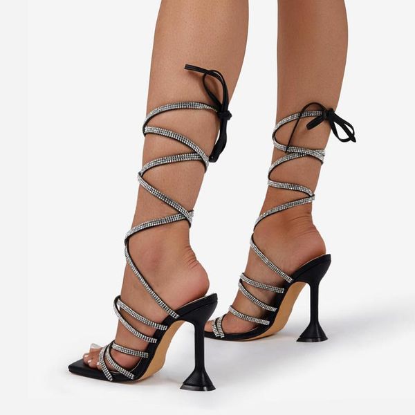 Sandalen Luxus Strass Gladiator Bein Verband Schnürung Damen Schwarz Slim High Heel Schuhe 9 cm Dame Pumps Catwalk Heels