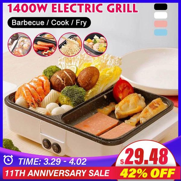 

electric skillets 1400w 220v 2 in 1 pot cooker bbq grill multifunctional non stick plate barbecue pan