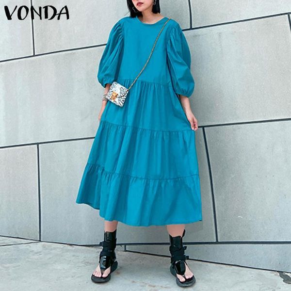 

dresses plus size women sundress vintage casual 3/4 sleeve holiday party long dress robe femme vonda bohemian vestidos, Black;gray