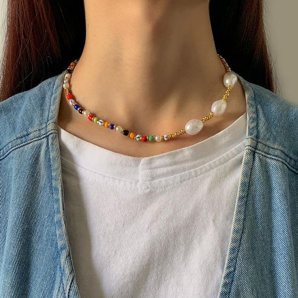 

chains ingesight.z boho imitation pearl baroque choker necklaces colorful rainbow seed beaded chain collar for women jewelry, Silver