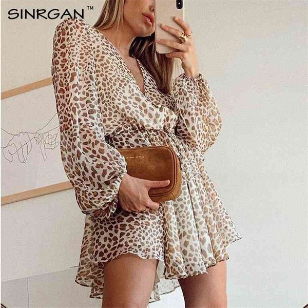 

nankey 2021 new trend autumn winter dress chiffon balloon sleeve mini dress v neckline drawstring leopard print women dress, Black;gray