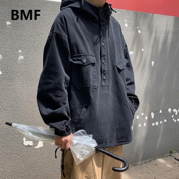 

korean style army green hooded jacket men clothing loose kpop clothes hip hop pullover streetwear male fashion coat men's jackets, Black;brown
