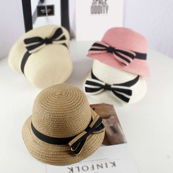 

children's straw hat summer curled bow basin girl's versatile beach sun, Yellow