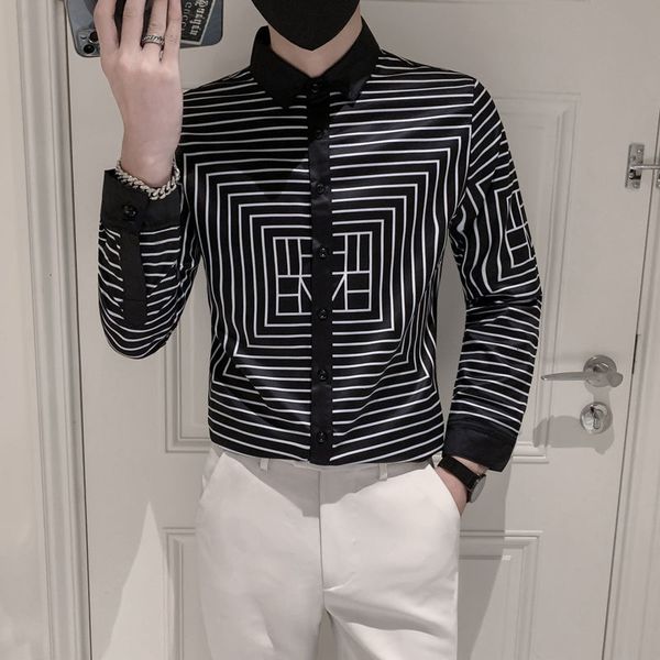 

men's casual shirts fashion brand shirt fashion street party social disco stripe shirt long sleeve men's slim, White;black