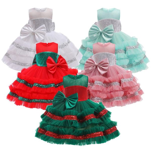 

girl's dresses children's sleeveless sequined bowknot net yarn princess tutu christmas evening dress kids girls gown xmas party we, Red;yellow