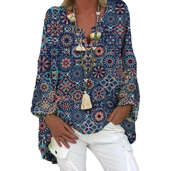 

women's blouses & shirts vintage floral print long sleeve blouse shirt 2021 spring fashion v neck pullover ladies casual plus size str, White