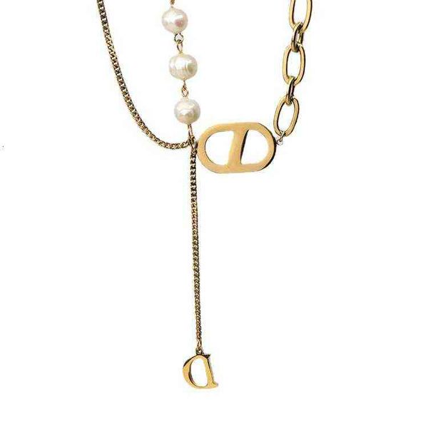 

titanium steel stitched pearl necklace letter d stainless hip hop damp cool wind chocker clavicle chain female, Silver