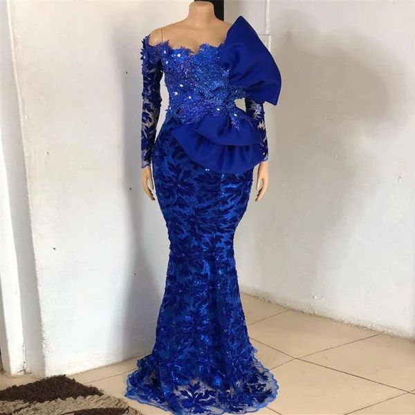

party dresses aso ebi royal blue african evening lace beaded off the shoulder mermaid prom gowns long sleeves dress plus size, White;black