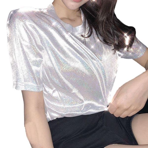

women's t-shirt loose shiny reflective short-sleeved, White