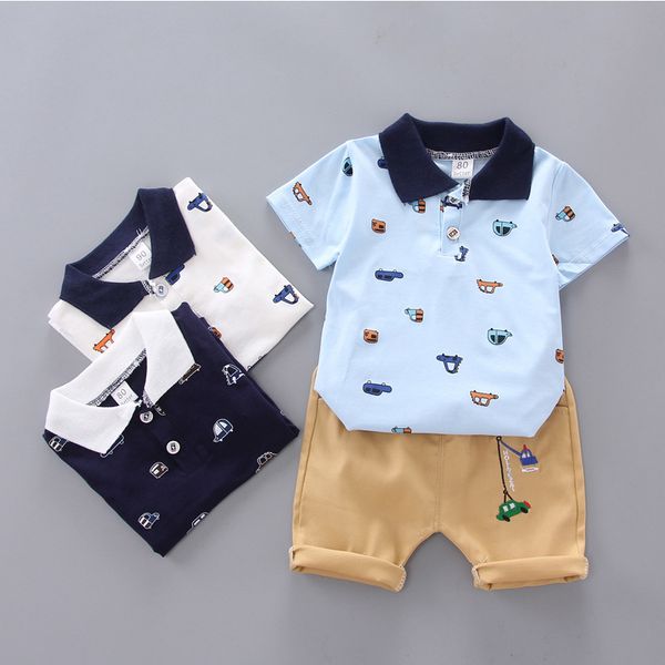 

2021 summer childrens clothing boy suit car printing lapel short sleeve + shorts 2 pieces boys clothes, White