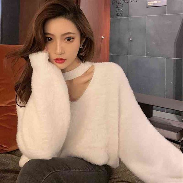 

halter v-neck loose knitted sweater women mink cashmere jumpers oversized elastic casual pullovers lantern sleeve vintage x470, White;black