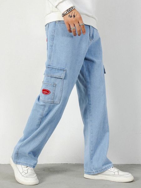 

men embroidery flap pockets cargo jeans q7a7#, Blue