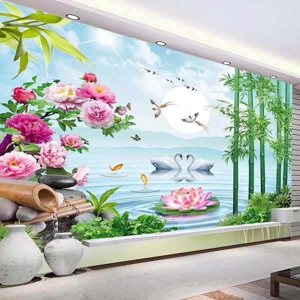 

wallpapers custom 3d po wallpaper moon swan bamboo forest flowers birds art wall painting study bedroom living room tv background mural