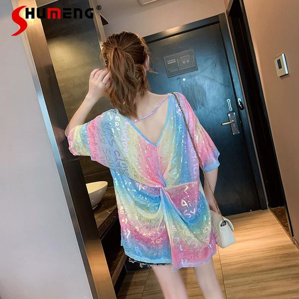 

women's t-shirt 2021 summer mid-length backless short sleeve female women loose korean style gradient color fashion ins tees, White