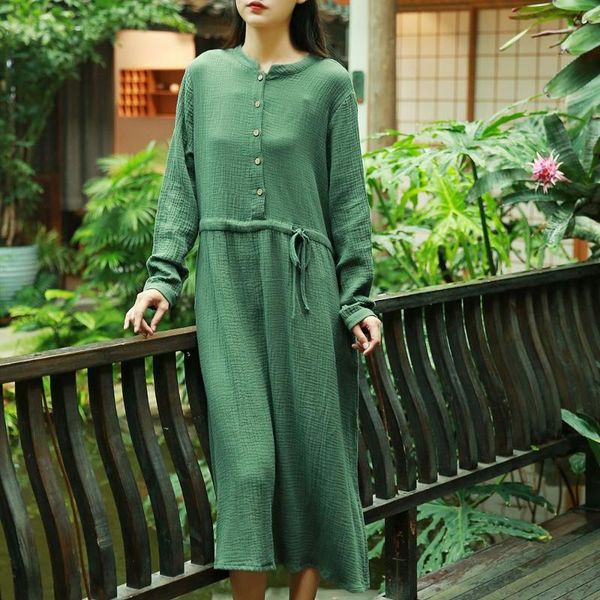 

casual dresses women cotton linen bandage dress autumn robe 2021 button long sleeve cloths vintage rh749, Black;gray