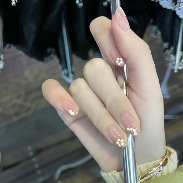 

false nails 24pcs pearl flower wear long paragraph fashion manicure patch save time wearable nail m88, Red;gold