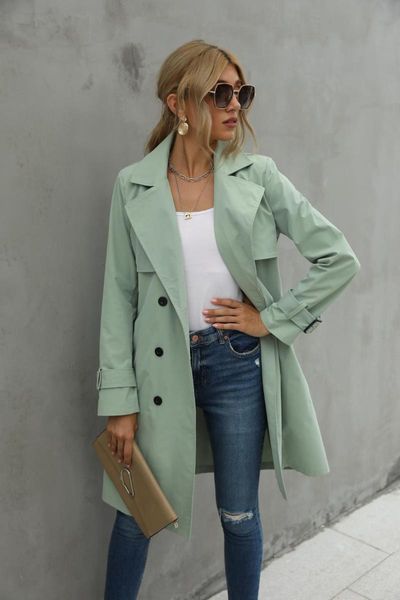 

women's trench coats women solid color jacket adults long sleeve lapel double breasted belted coat for spring fall, Tan;black