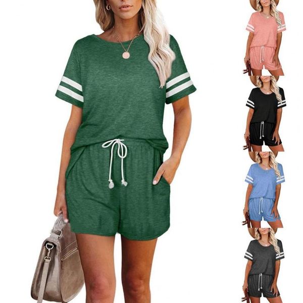 

women's tracksuits outfit short sleeve drawstring pants women stripes t-shirt mid rise shorts loose leisure tracksuit for summer set, Gray