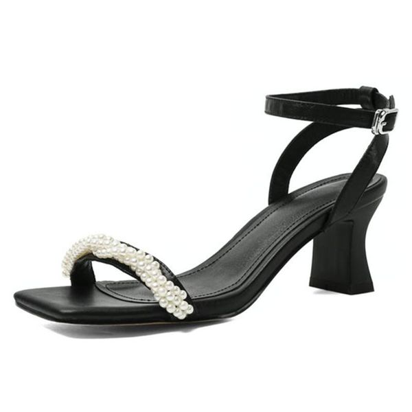 

cool string bead high heels pumps metal buckle genuine leather women sandals 2021 summer party casual shoes woman, Black